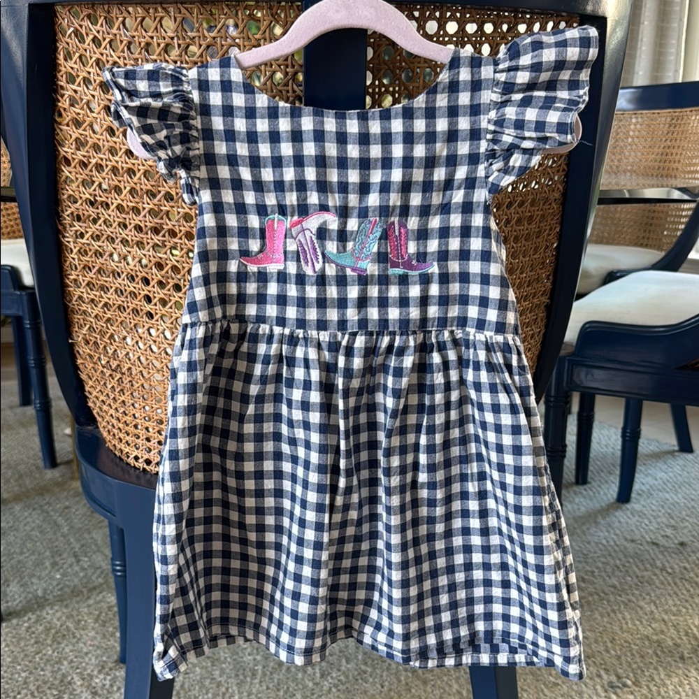 Kids Gingham Dress with Embroidered cowgirl boots design